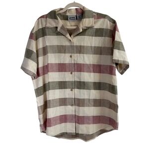 Lemon Grass Women's Striped Coastal Chic Short Sleeve‎ Button Up Earth Tones M